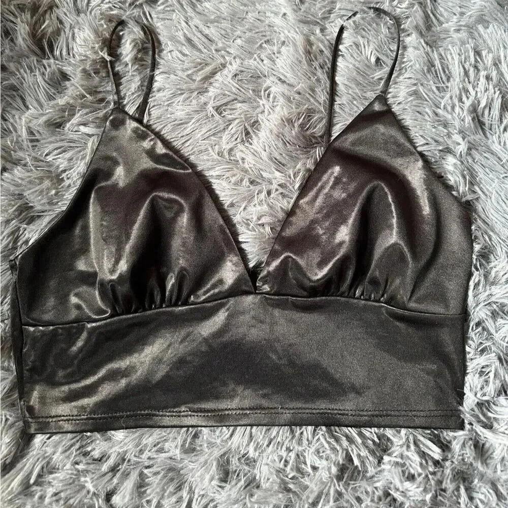 miss selfridge crop top womens 2 small black metallic satin bralette festival